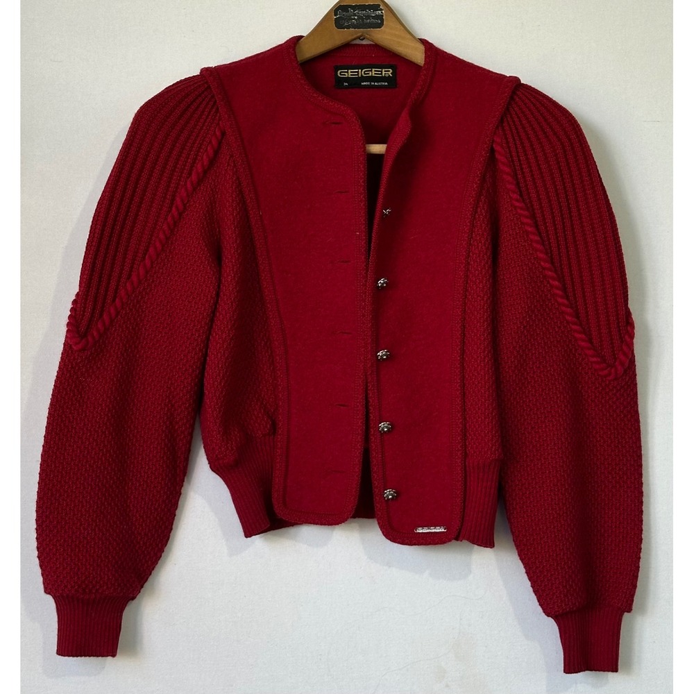 Geiger Boiled Wool Puff Sleeve Cardigan Jacket Womens XS Red Excellent